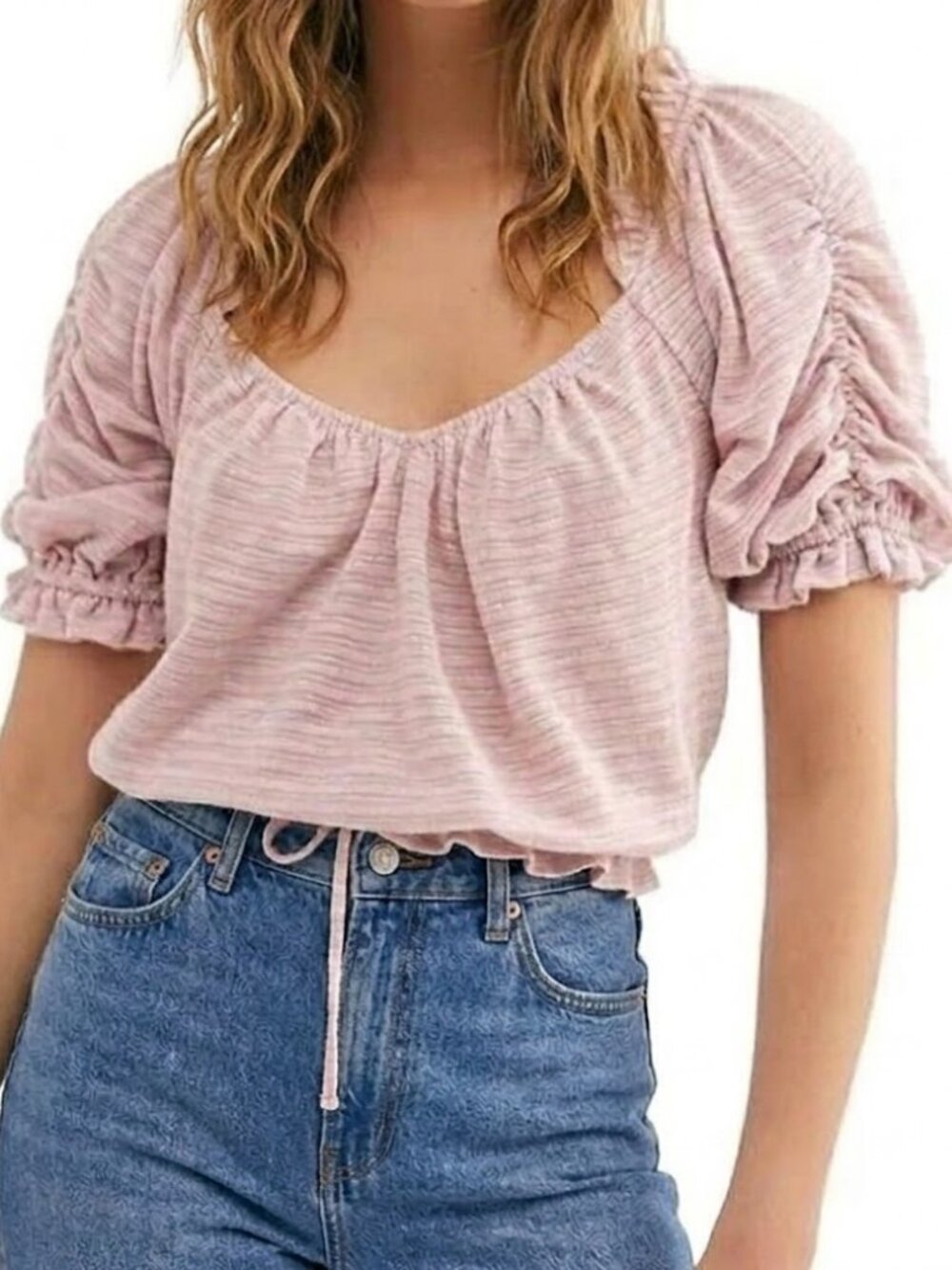 FREE PEOPLE Women's Top Dorothy Ruched Puff Sleeve Drawstring Pink Size XS